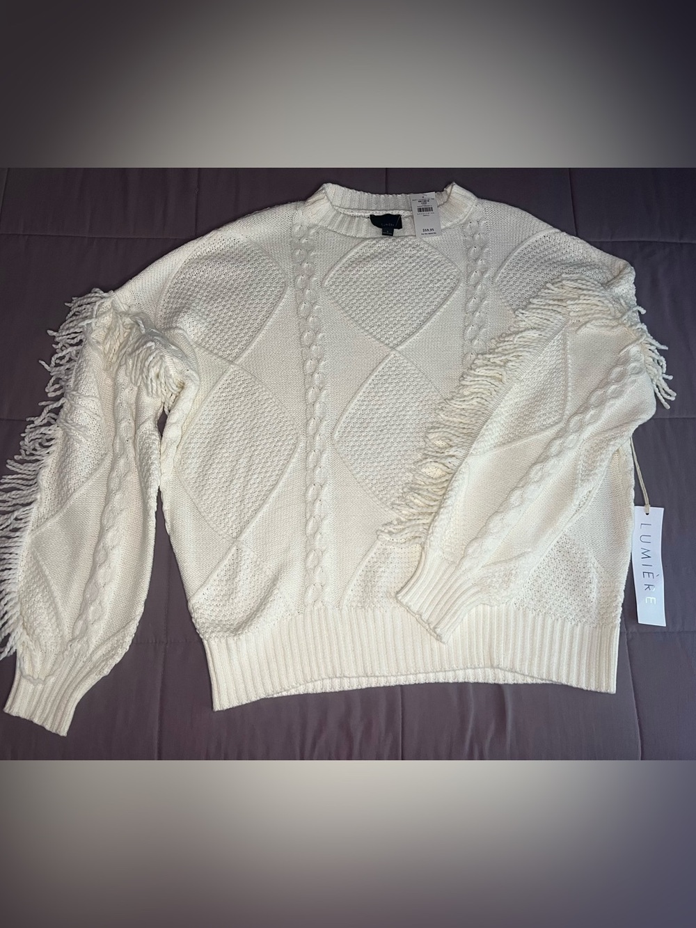 Lumiere Ivory Cable Knit Fringe Crewneck Sweater